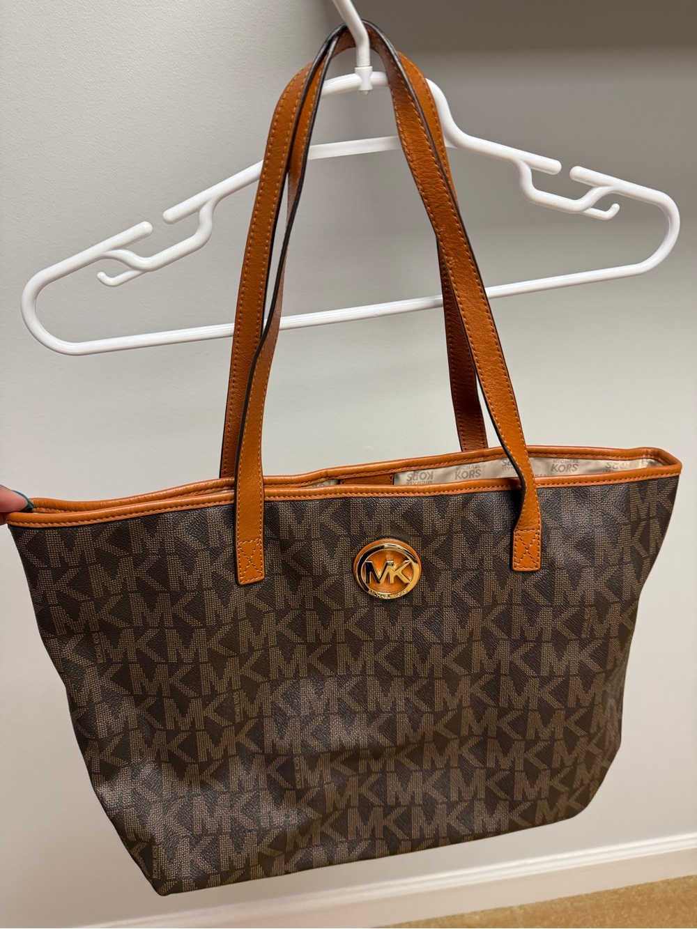 Michael Kors Brown MK Logo Tote with Tan Trim